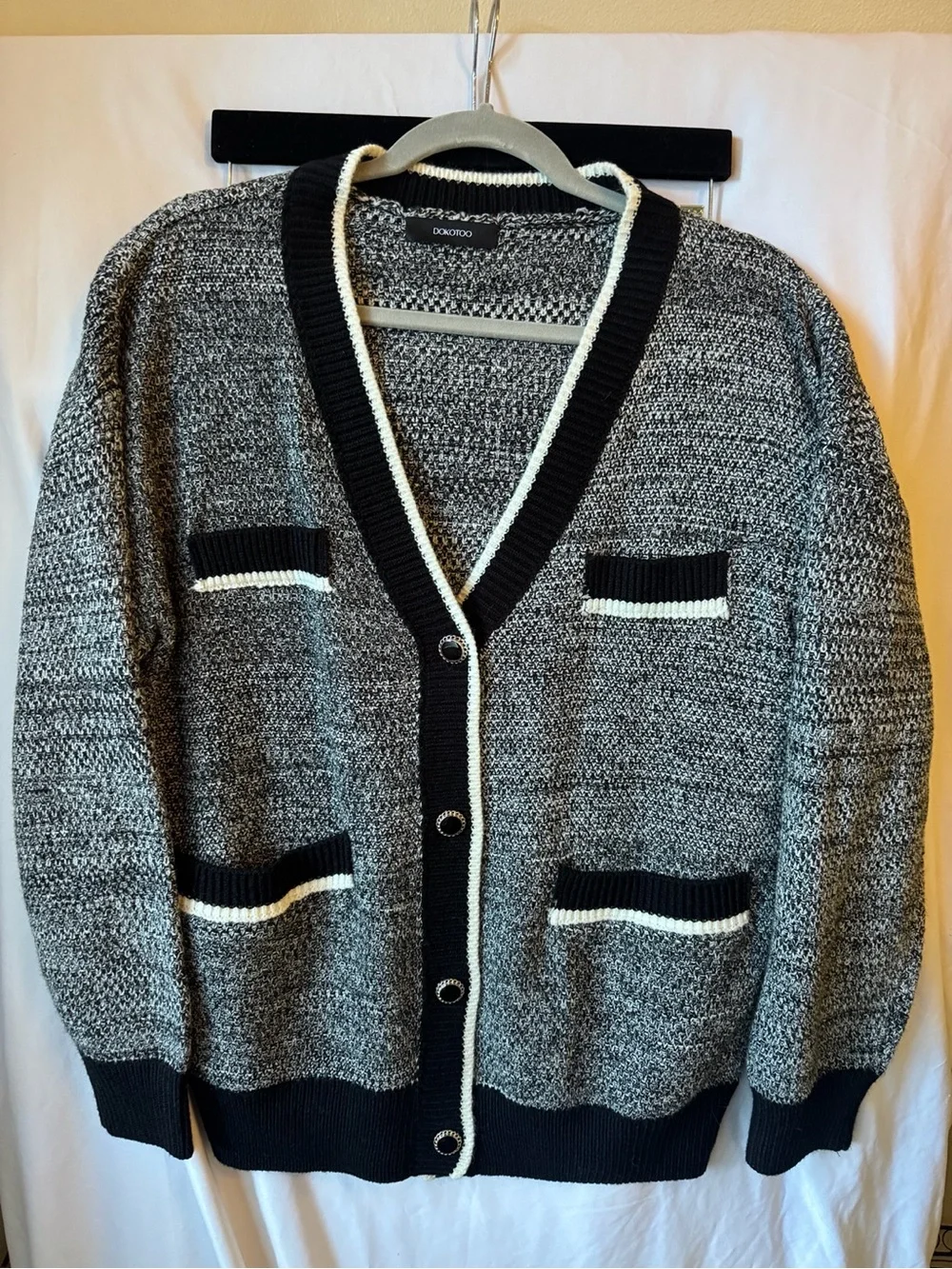 Chic Black White Cardigan Contrast Trim Button Front Cozy